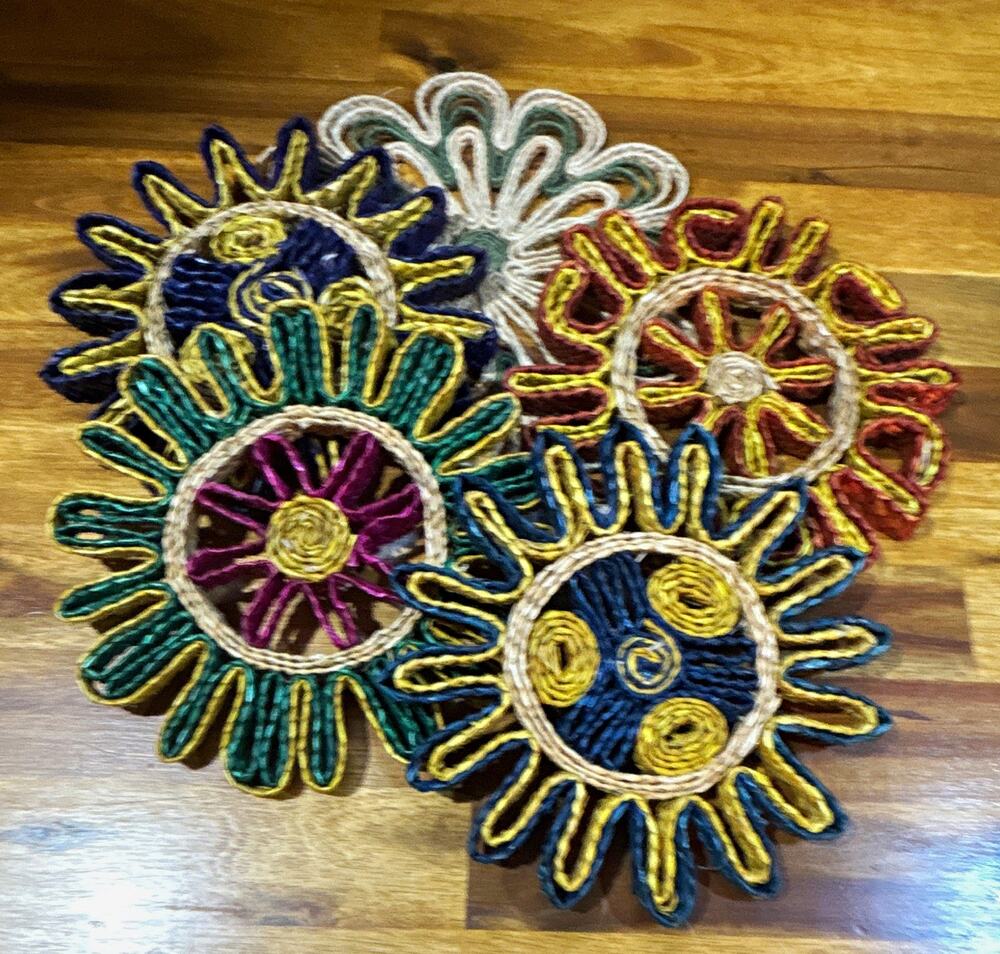 Vintage Rope Trivet Set of 5, Round 8in Multicolor Floral Boho Matte